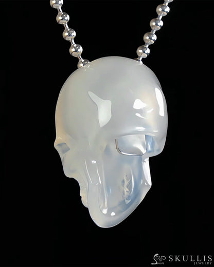 Gem Skull Pendant Necklace of Milky Agate Carved Hollow Skull with 925 Silver Chain - S0001809 Skull Pendants
