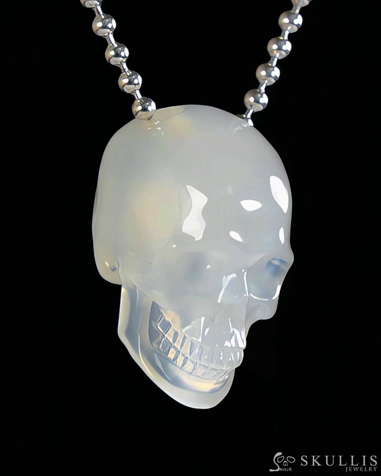 Gem Skull Pendant Necklace of Milky Agate Carved Hollow Skull with 925 Silver Chain - S0001809 Skull Pendants