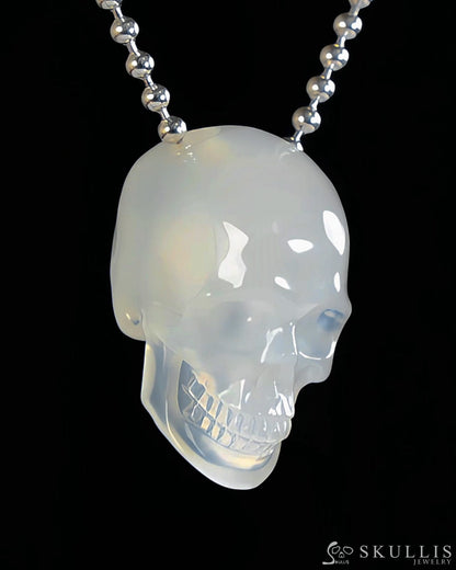 Gem Skull Pendant Necklace of Milky Agate Carved Hollow Skull with 925 Silver Chain - S0001809 Skull Pendants