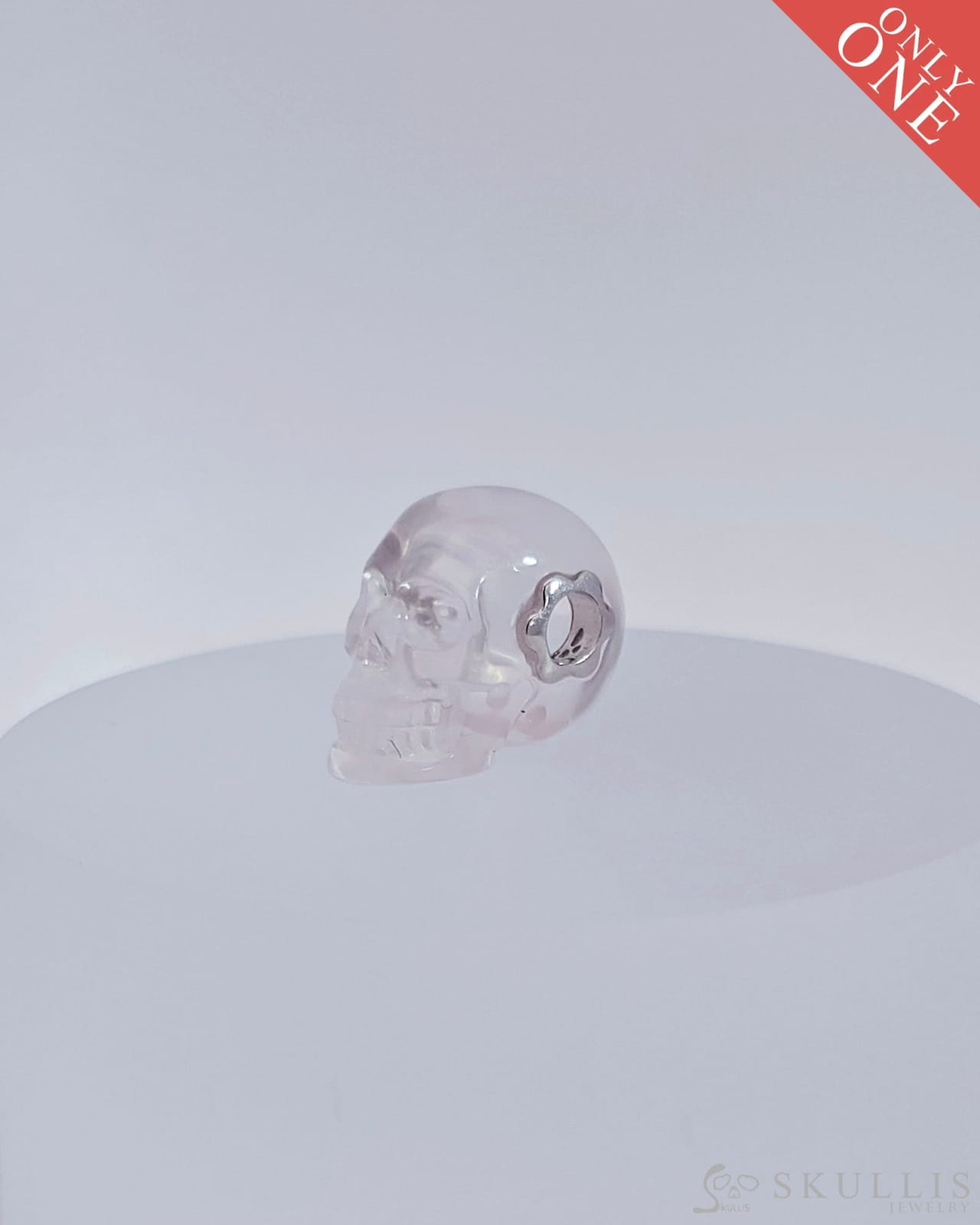 Gem Skull Pendant Necklace Of Milky Quartz Crystal Carved Skull With Detachable Silver Jaw