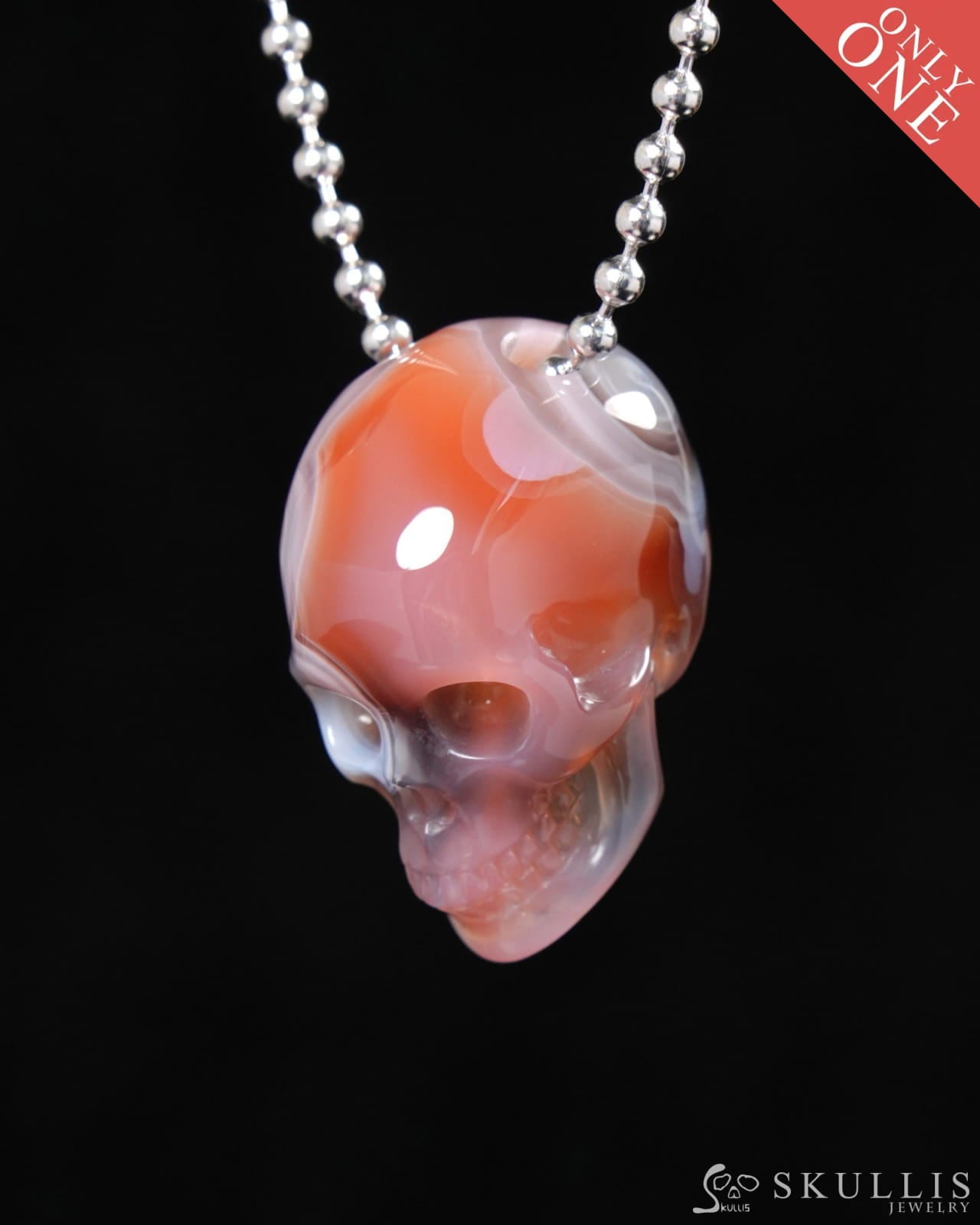 Gem Skull Pendant Necklace of Mozambique Agate Carved Skull 925 Sterling Silver - 9500224 One of a Kind