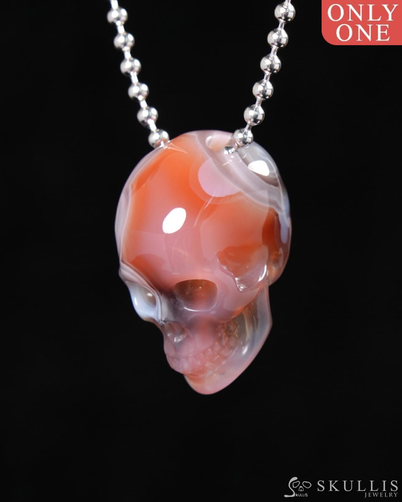 Gem Skull Pendant Necklace of Mozambique Agate Carved Skull 925 Sterling Silver - 9500224 One of a Kind