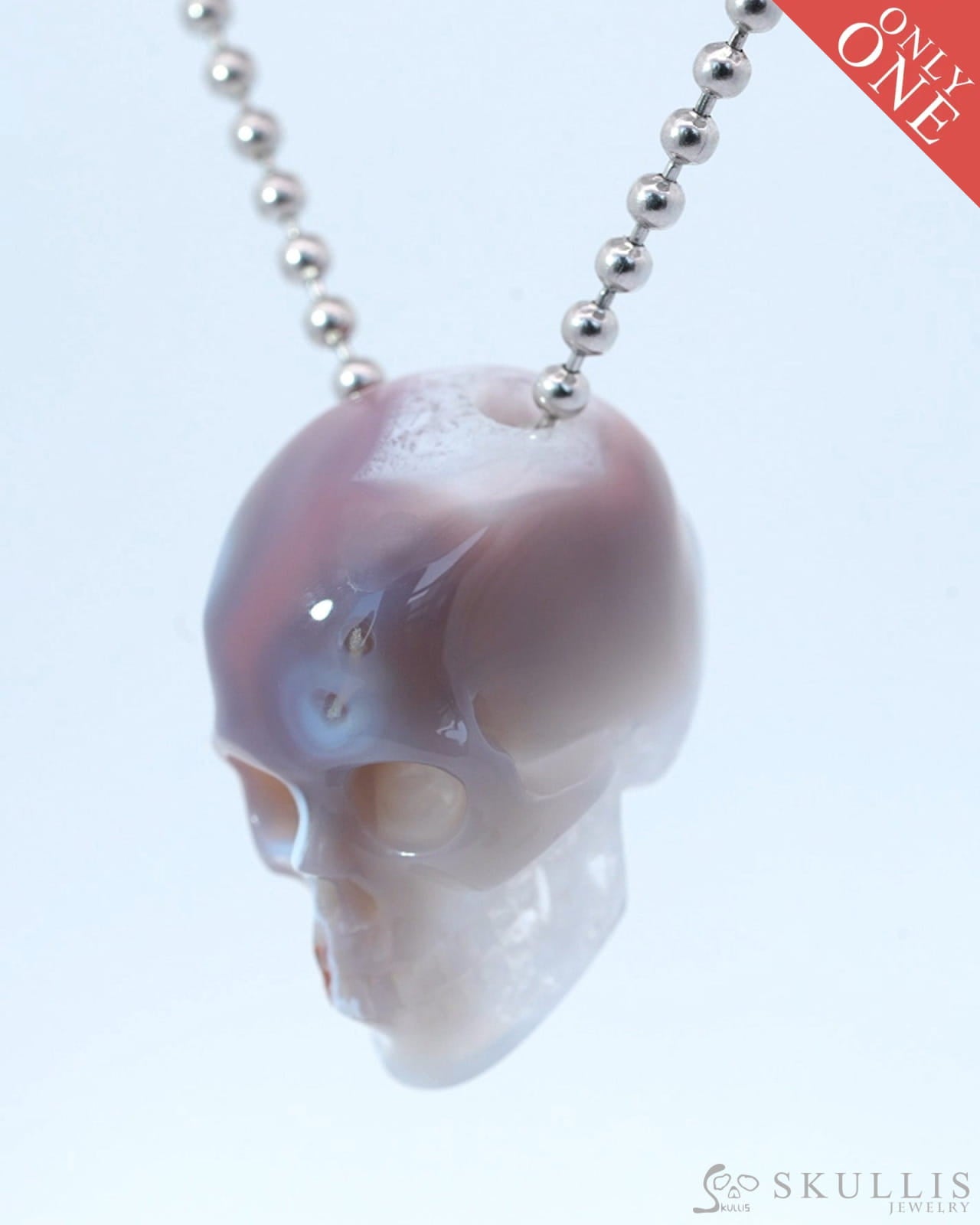 Gem Skull Pendant Necklace of Mozambique Agate Carved Hollow Skull with 925 Sterling Silver Chain - 9800193 Skull
