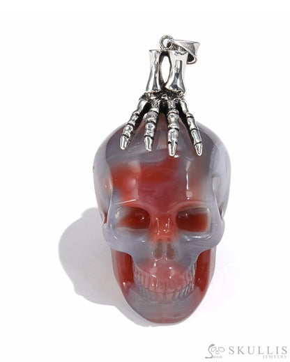 Gem Skull Pendant Necklace Of Agate Crystal Carved Skull With Detachable Silver Jaw In