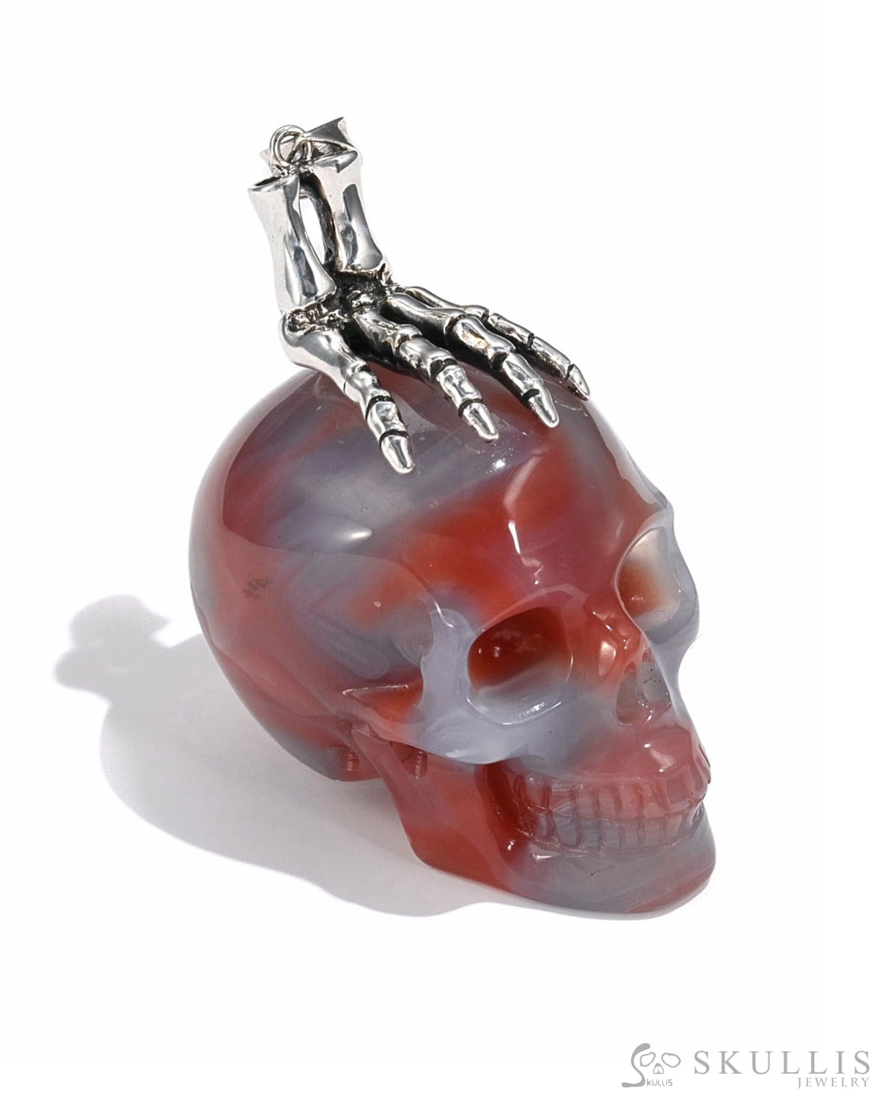 Gem Skull Pendant Necklace Of Agate Crystal Carved Skull With Detachable Silver Jaw In