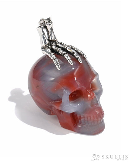 Gem Skull Pendant Necklace Of Agate Crystal Carved Skull With Detachable Silver Jaw In