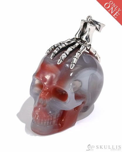 Gem Skull Pendant Necklace Of Agate Crystal Carved Skull With Detachable Silver Jaw In