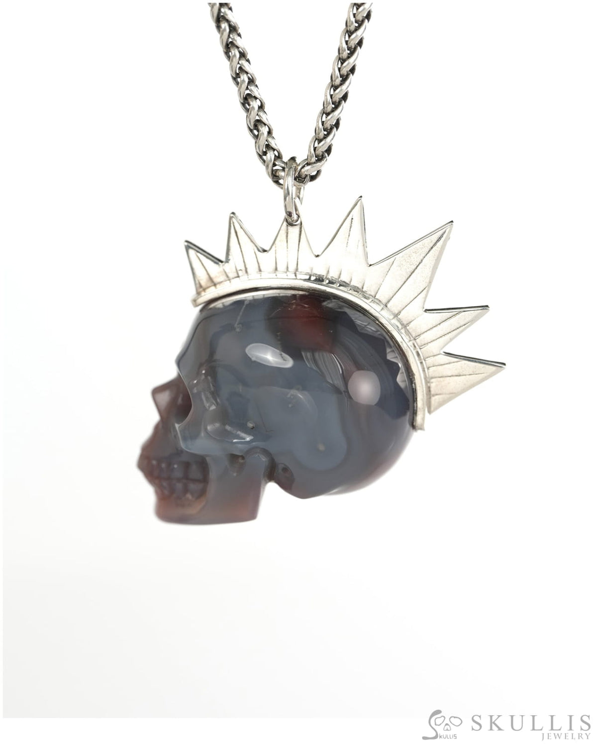 Gem Skull Pendant Necklace of Mozambique Agate Crystal Carved Skull with Punk Hair in Sterling Silver - 9900435 - Skull