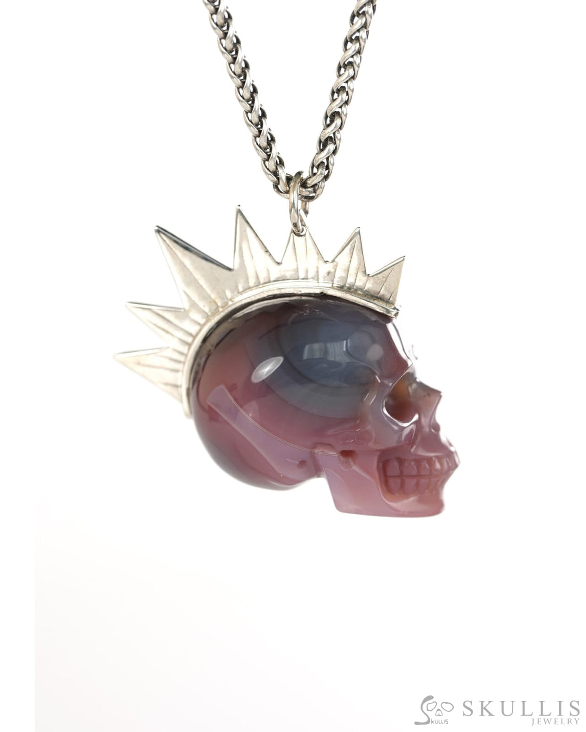 Gem Skull Pendant Necklace of Mozambique Agate Crystal Carved Skull with Punk Hair in Sterling Silver - 9900435 - Skull