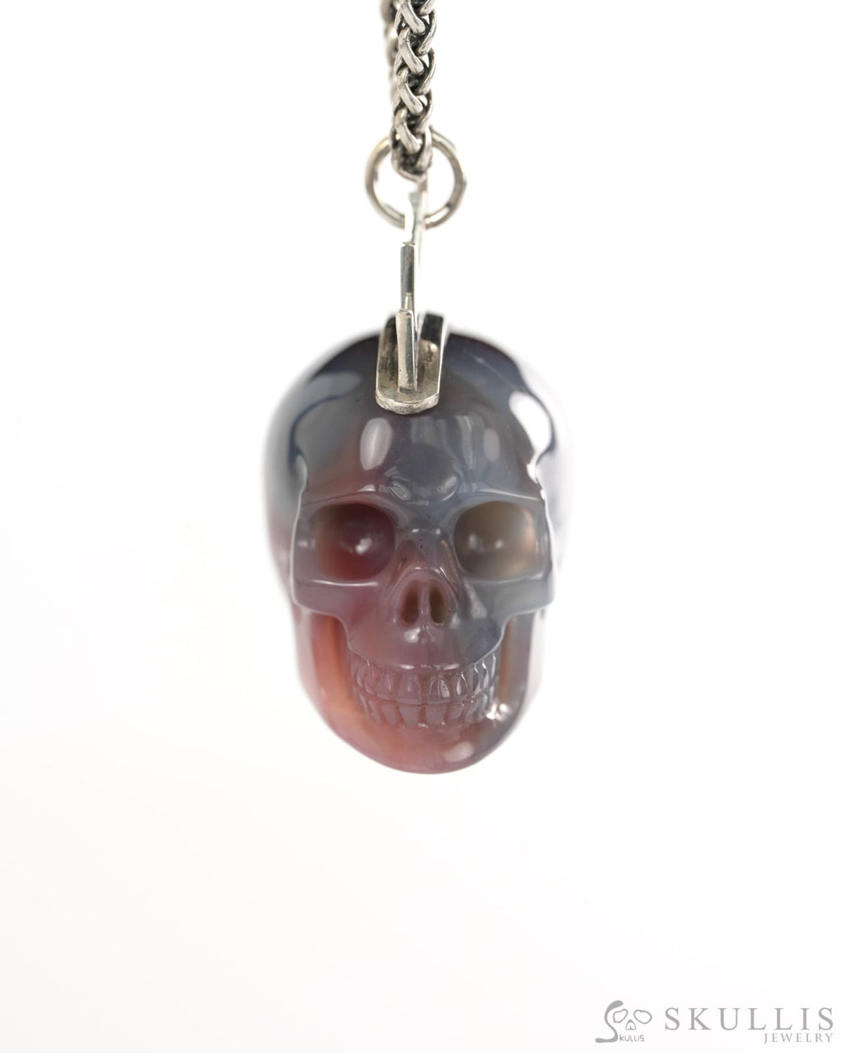 Gem Skull Pendant Necklace of Mozambique Agate Crystal Carved Skull with Punk Hair in Sterling Silver - 9900435 - Skull
