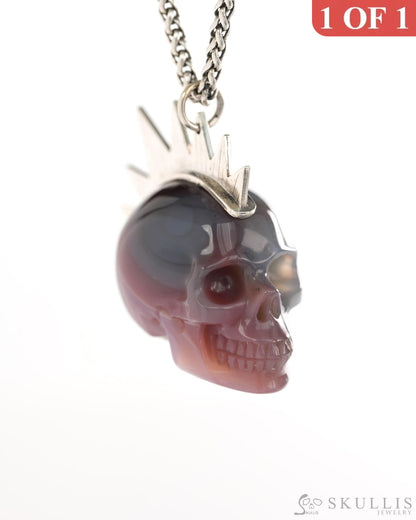 Gem Skull Pendant Necklace of Mozambique Agate Crystal Carved Skull with Punk Hair in Sterling Silver - 9900435 - Skull