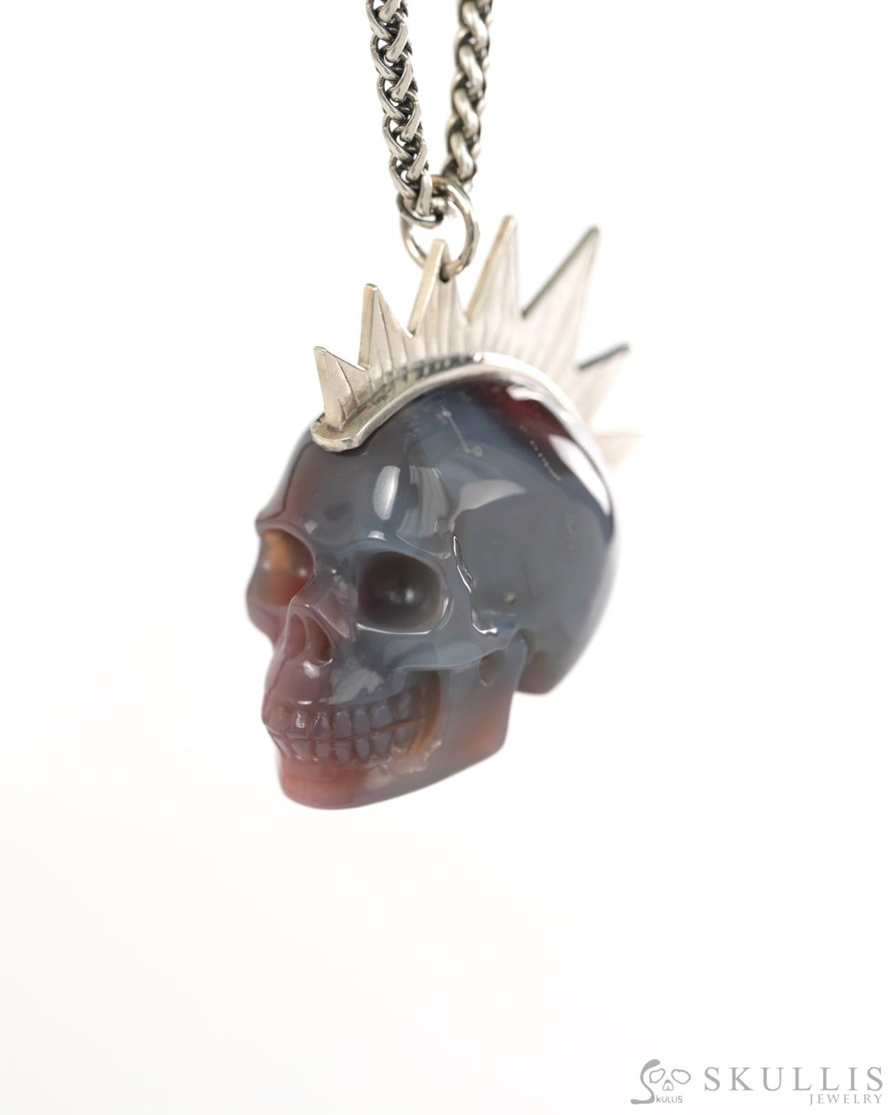 Gem Skull Pendant Necklace of Mozambique Agate Crystal Carved Skull with Punk Hair in Sterling Silver - 9900435 - Skull