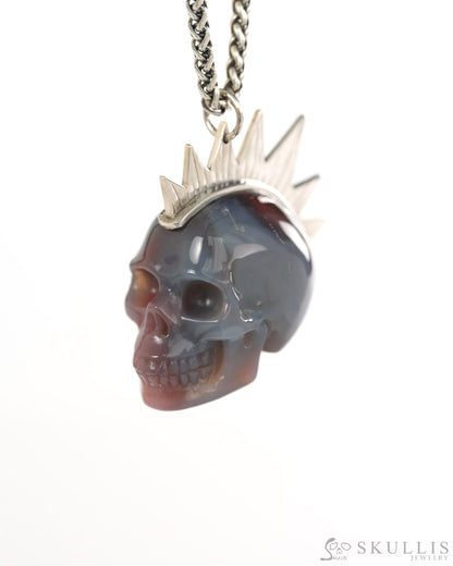Gem Skull Pendant Necklace of Mozambique Agate Crystal Carved Skull with Punk Hair in Sterling Silver - 9900435 - Skull