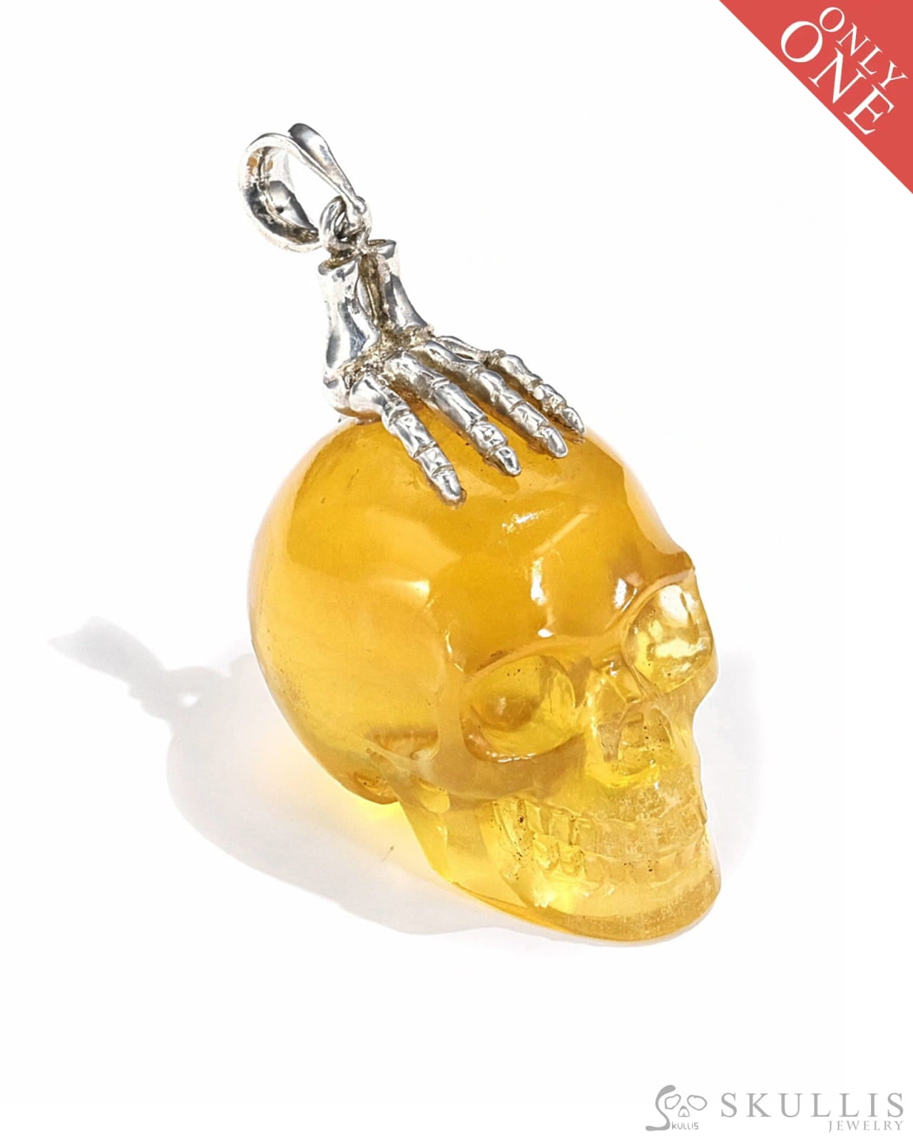 Gem Skull Pendant Necklace Of Orange Fluorite Crystal Carved Skull With Detachable Silver