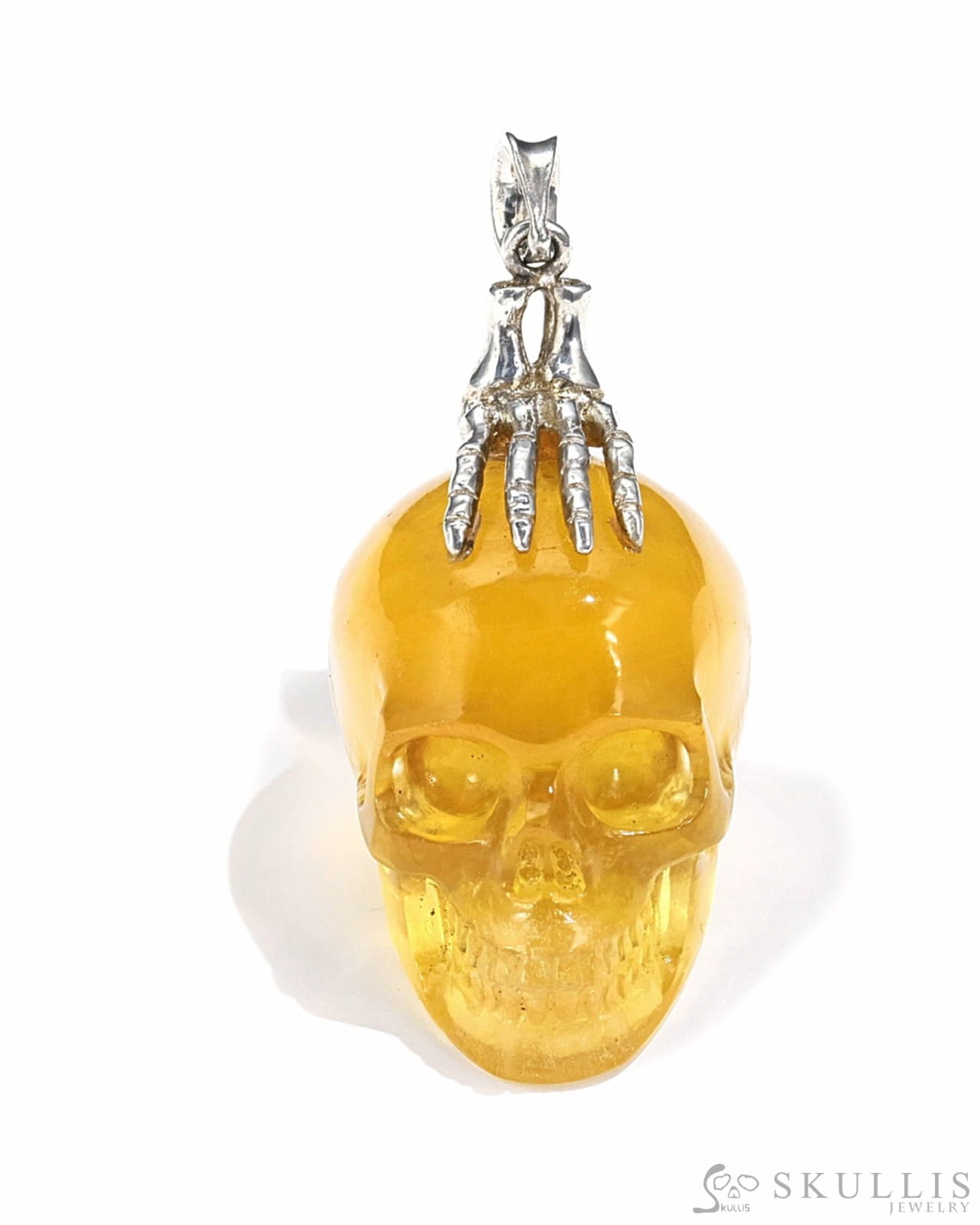 Gem Skull Pendant Necklace Of Orange Fluorite Crystal Carved Skull With Detachable Silver