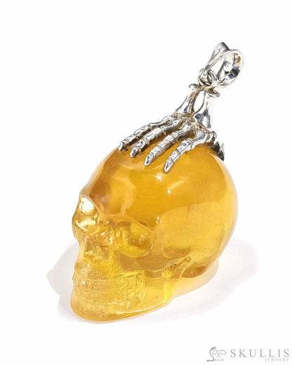 Gem Skull Pendant Necklace Of Orange Fluorite Crystal Carved Skull With Detachable Silver