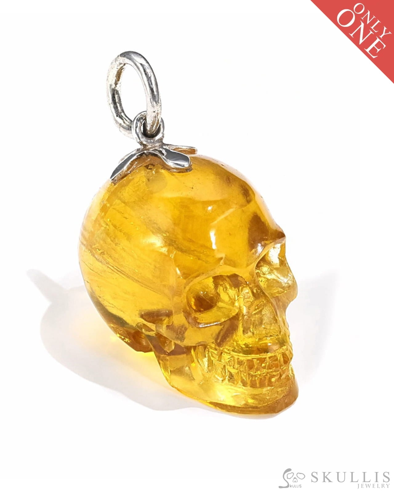 Gem Skull Pendant Necklace Of Orange Fluorite Crystal Carved Skull With Detachable Silver