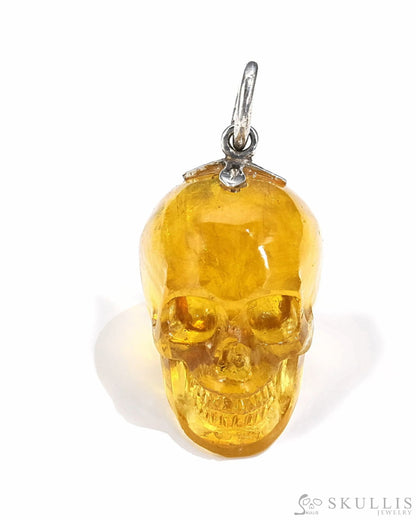 Gem Skull Pendant Necklace Of Orange Fluorite Crystal Carved Skull With Detachable Silver