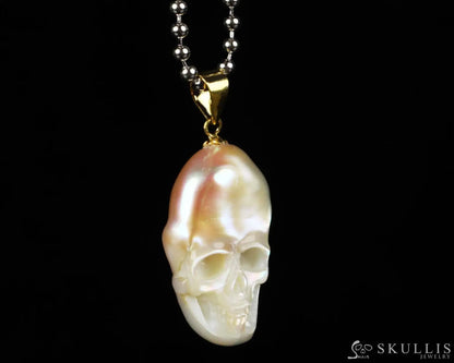 Gem Skull Pendant Necklace Of Pearl Carved Skull  In 18K Gold - Plated 925 Sterling Silver
