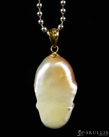 Gem Skull Pendant Necklace Of Pearl Carved Skull  In 18K Gold - Plated 925 Sterling Silver