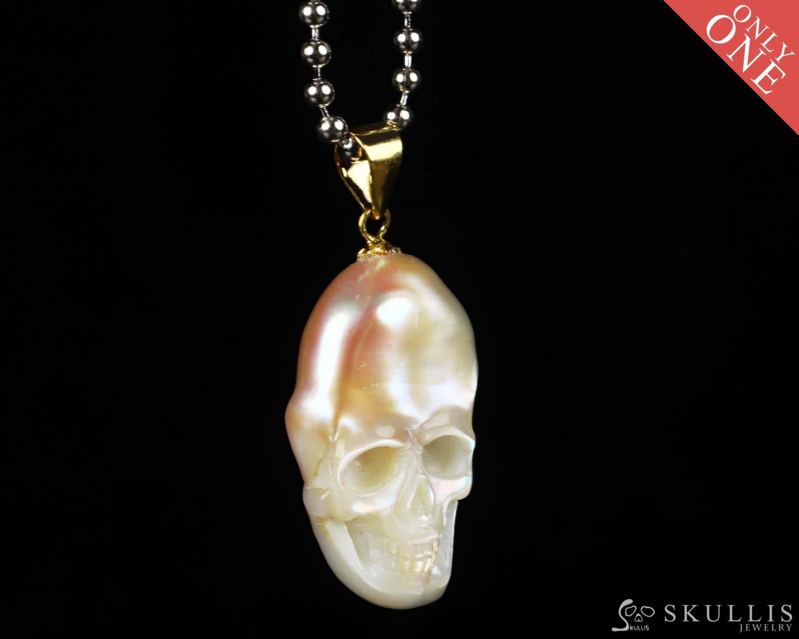 Gem Skull Pendant Necklace Of Pearl Carved Skull  In 18K Gold - Plated 925 Sterling Silver