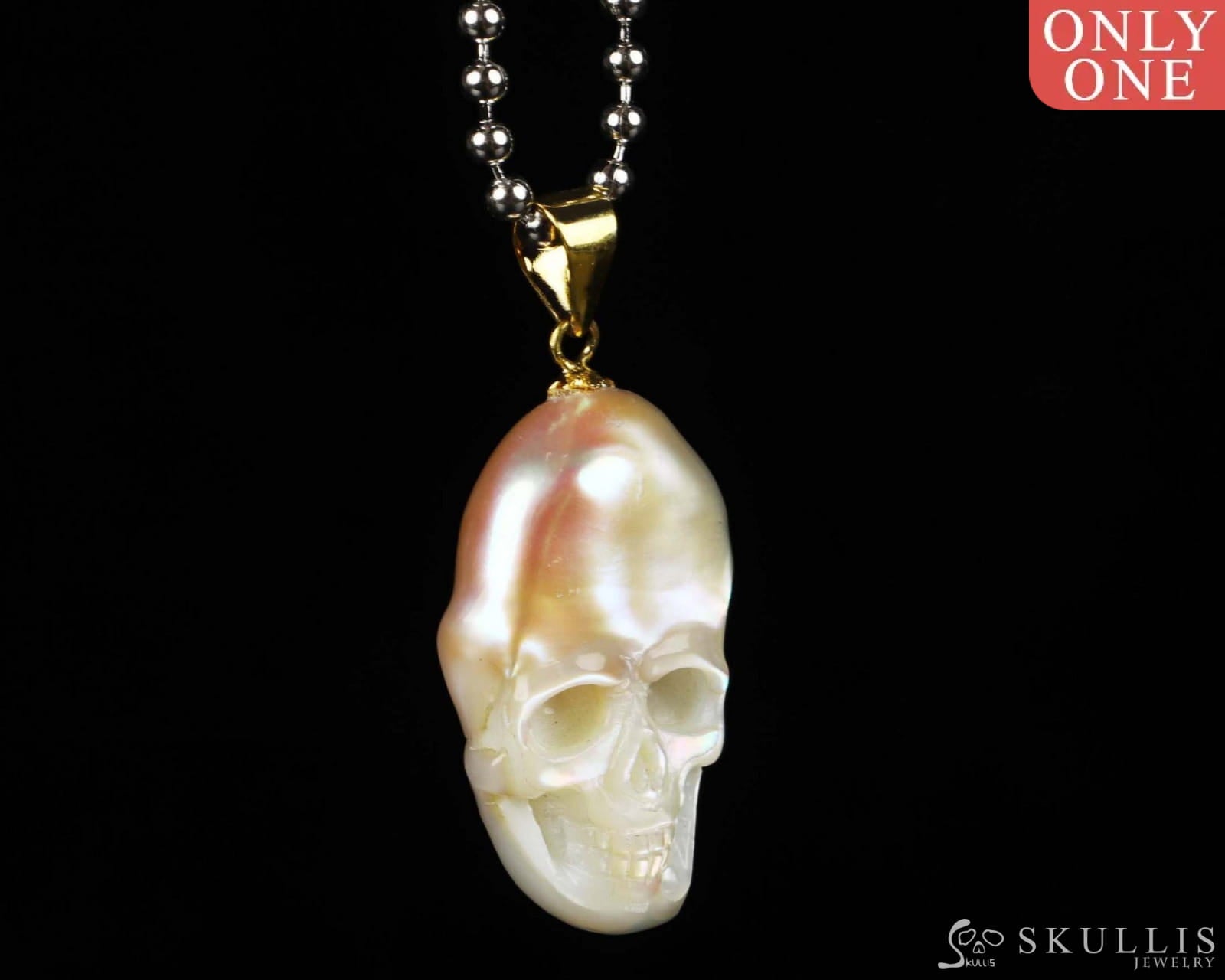 Gem Skull Pendant Necklace Of Pearl Carved Skull  In 18K Gold - Plated 925 Sterling Silver