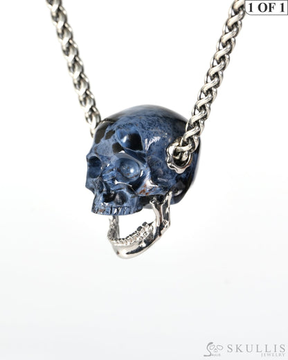 Gem Skull Pendant Necklace of Pietersite Hand Carved Skull with Movable Jaw in 925 Sterling Silver - 9900608 - Skull