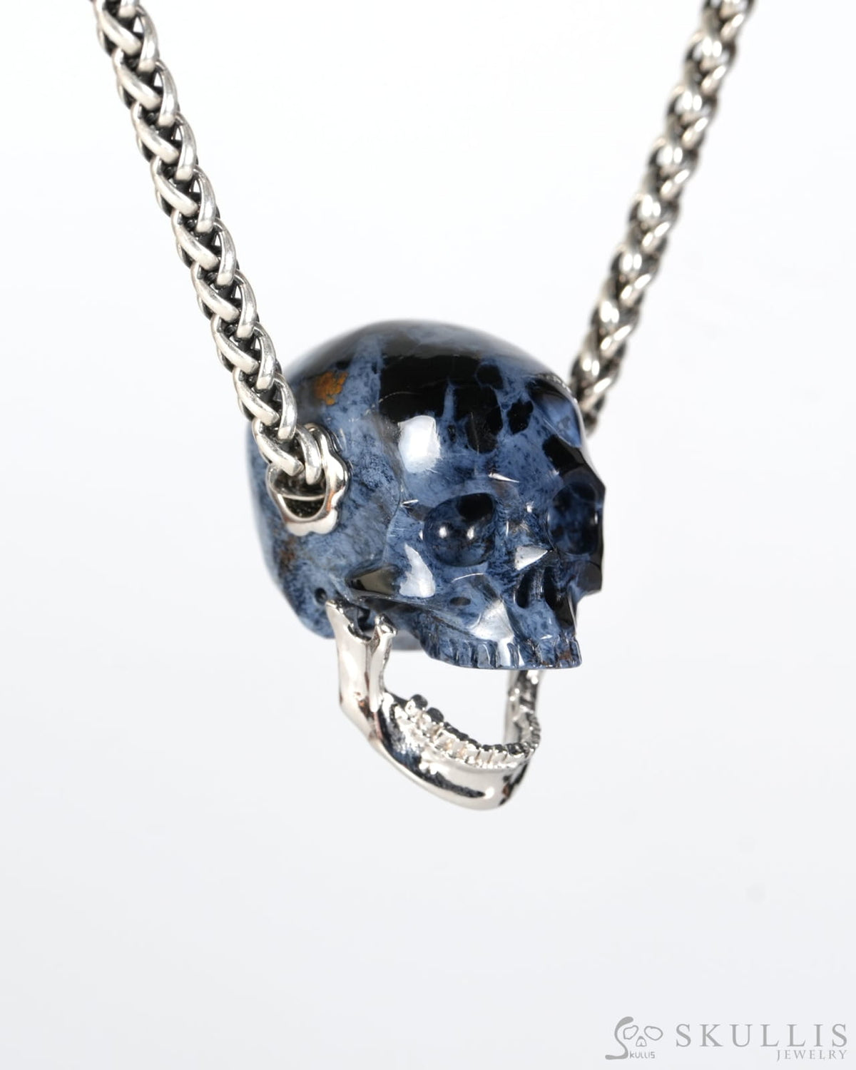 Gem Skull Pendant Necklace of Pietersite Hand Carved Skull with Movable Jaw in 925 Sterling Silver - 9900608 - Skull