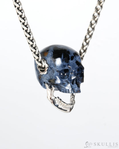 Gem Skull Pendant Necklace of Pietersite Hand Carved Skull with Movable Jaw in 925 Sterling Silver - 9900608 - Skull
