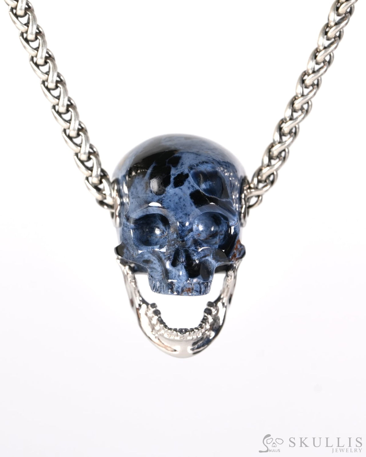Gem Skull Pendant Necklace of Pietersite Hand Carved Skull with Movable Jaw in 925 Sterling Silver - 9900608 - Skull