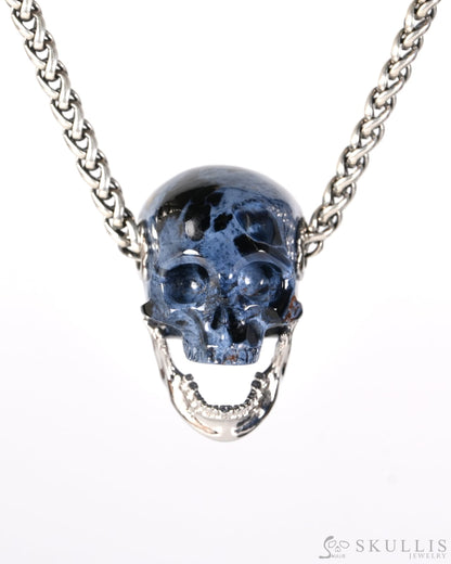 Gem Skull Pendant Necklace of Pietersite Hand Carved Skull with Movable Jaw in 925 Sterling Silver - 9900608 - Skull