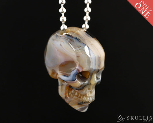 Gem Skull Pendant Necklace of Premium Brazilian Agate Carved Hollow Skull with 925 Silver Chain - 0506010