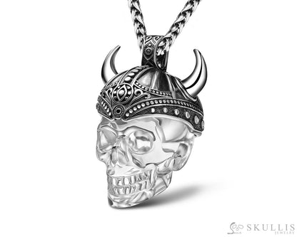 Gem Skull Pendant Necklace of Quartz Rock Crystal Carved Skull & 925 Sterling Silver Horned Helmet Skull Pendants