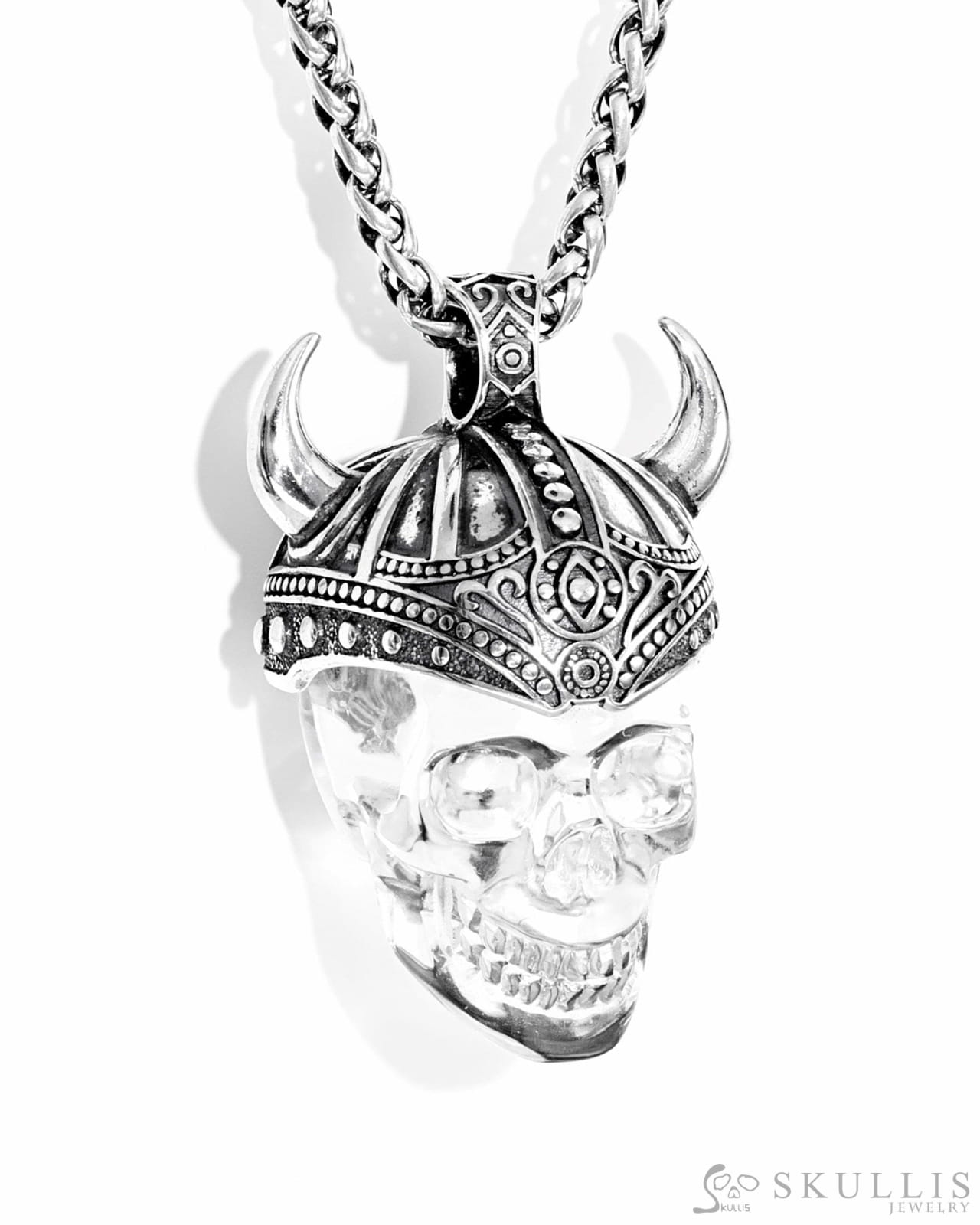 Skullis Signature Quartz Rock Crystal Gem Skull Pendant or Necklace Hand Carved Sterling Silver 925 Chain for Women &