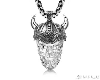 Gem Skull Pendant Necklace of Quartz Rock Crystal Carved Skull & 925 Sterling Silver Horned Helmet Skull Pendants