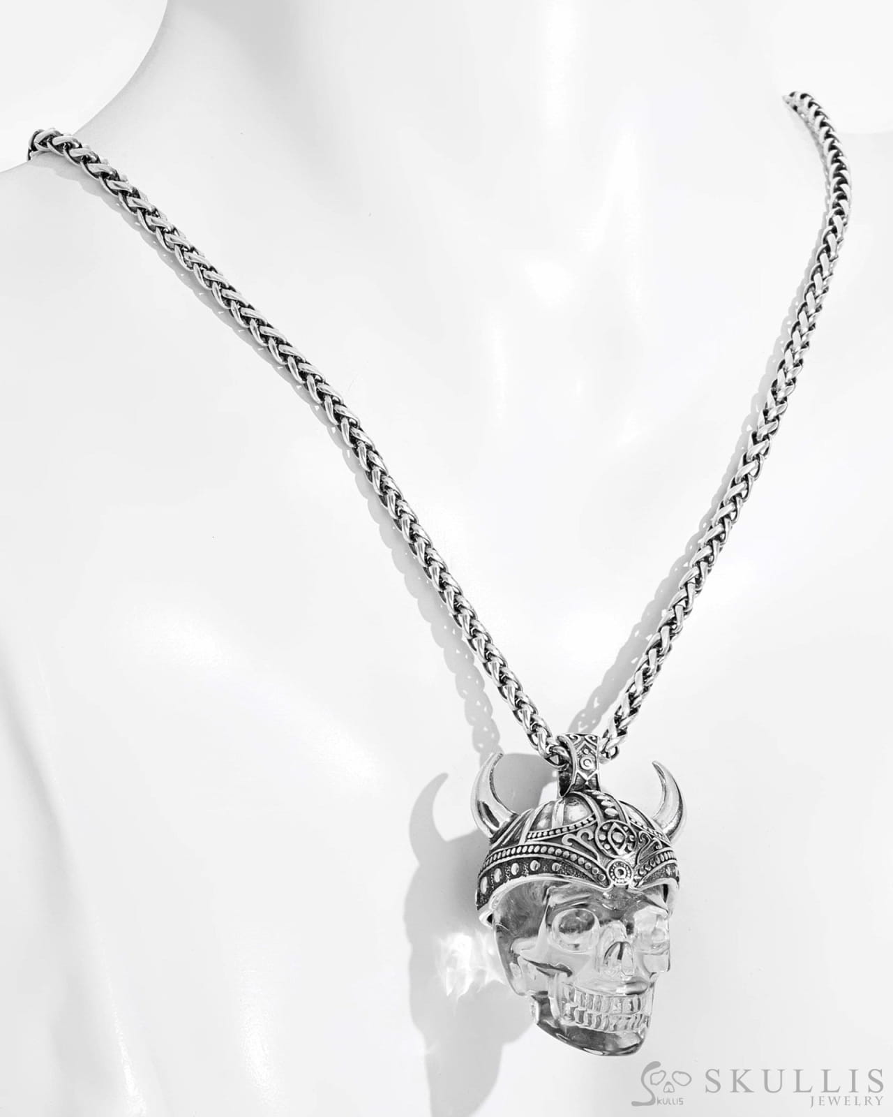 Skullis Signature Quartz Rock Crystal Gem Skull Pendant or Necklace Hand Carved Sterling Silver 925 Chain for Women &
