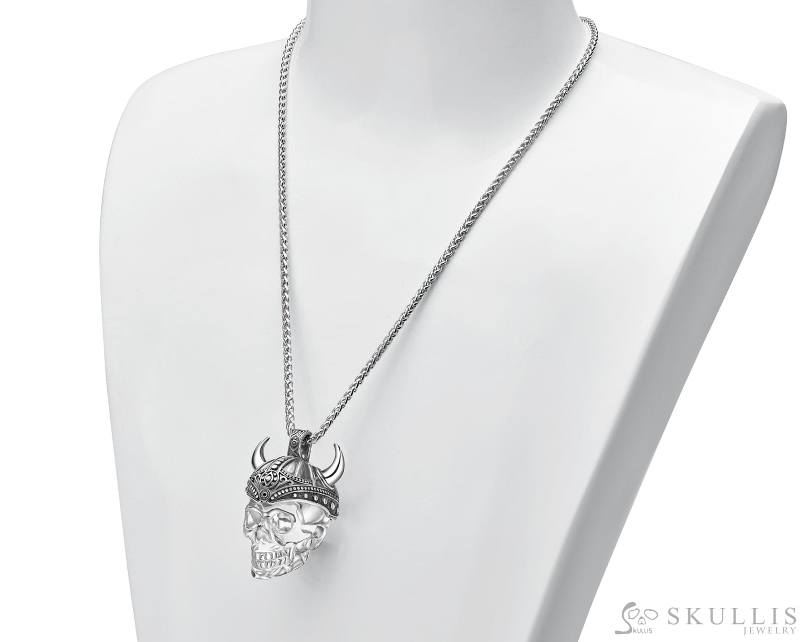 Gem Skull Pendant Necklace of Quartz Rock Crystal Carved Skull & 925 Sterling Silver Horned Helmet Skull Pendants