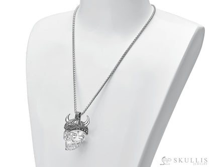 Gem Skull Pendant Necklace of Quartz Rock Crystal Carved Skull & 925 Sterling Silver Horned Helmet Skull Pendants