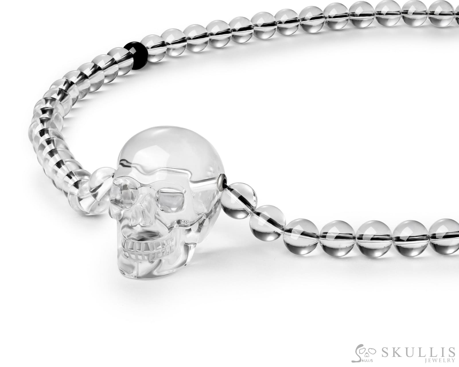 Gem Skull Pendant Necklace Of Quartz Rock Crystal Carved Skull & Beads Pendants