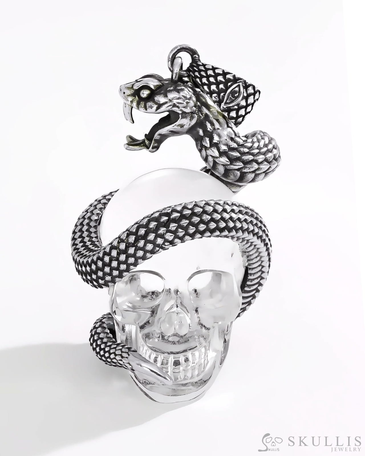 Gem Skull Pendant Necklace of Quartz Rock Crystal Carved Skull with 925 Sterling Silver Snake Skull Pendants