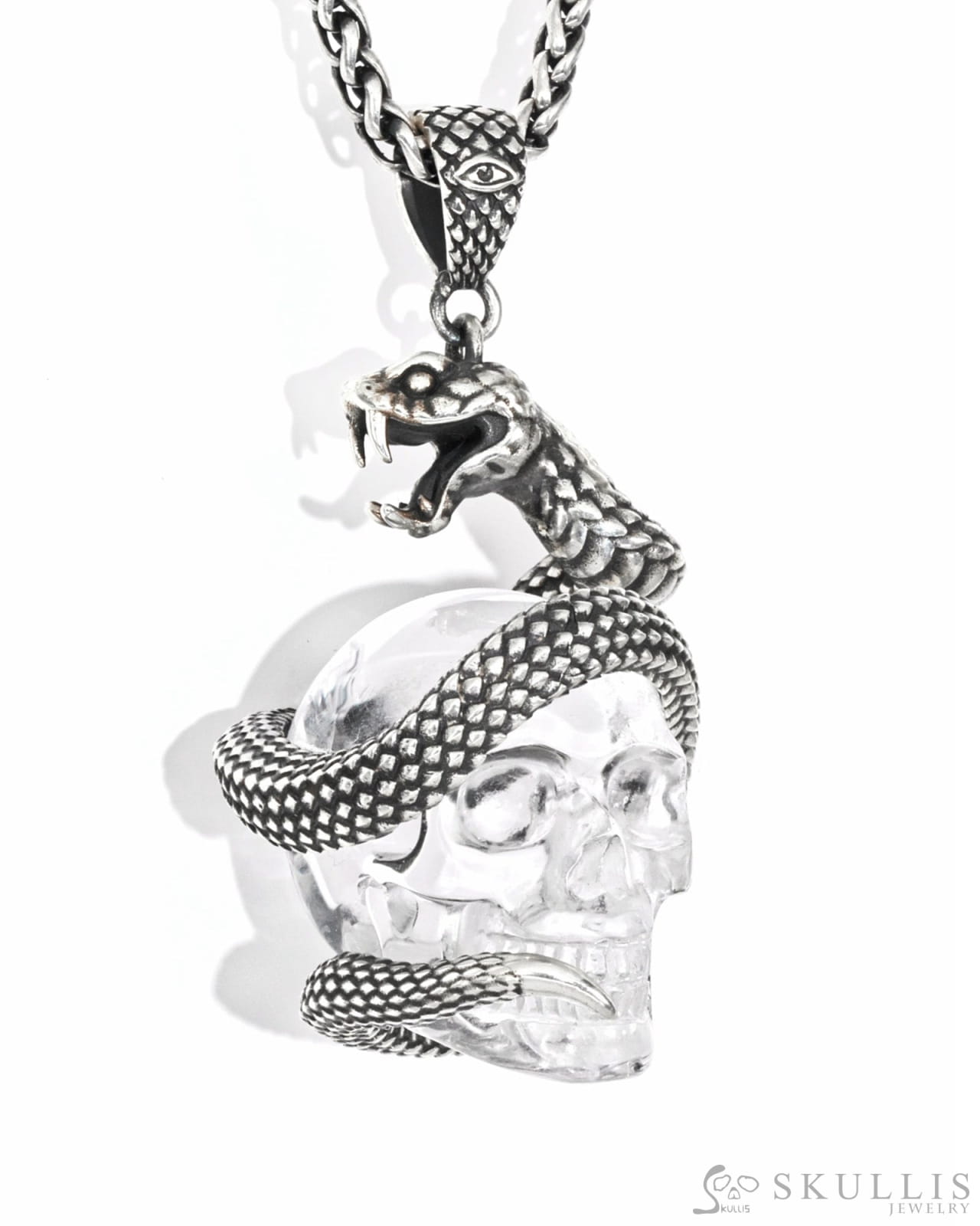 Gem Skull Pendant Necklace of Quartz Rock Crystal Carved snake Skull with 925 Sterling Silver Skull Pendants