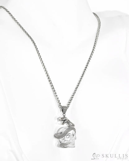 Gem Skull Pendant Necklace of Quartz Rock Crystal Carved Skull with 925 Sterling Silver Snake Skull Pendants