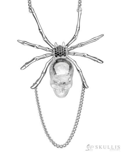 Gem Skull Pendant Necklace of Quartz Rock Crystal Carved Skull with 925 Sterling Silver Spider Without chain Skull