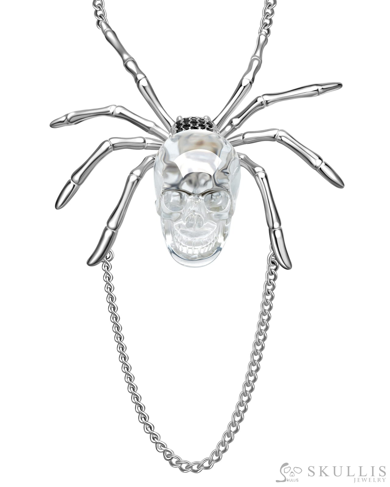 Gem Skull Pendant Necklace of Quartz Rock Crystal Carved Skull with 925 Sterling Silver Spider Without chain Skull