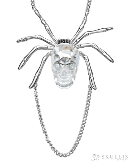 Gem Skull Pendant Necklace of Quartz Rock Crystal Carved Skull with 925 Sterling Silver Spider Without chain Skull