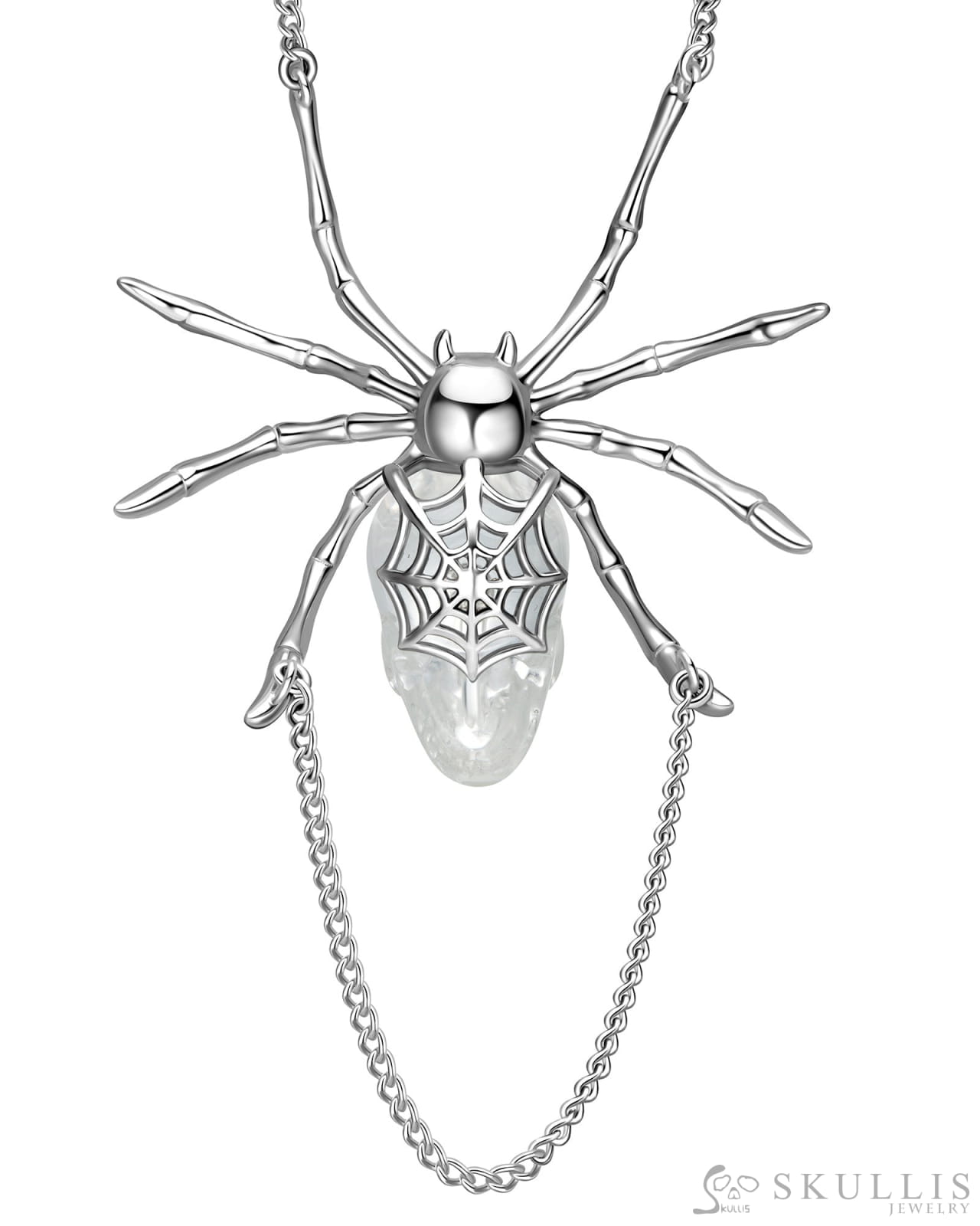 Gem Skull Pendant Necklace of Quartz Rock Crystal Carved Skull with 925 Sterling Silver Spider Without chain Skull