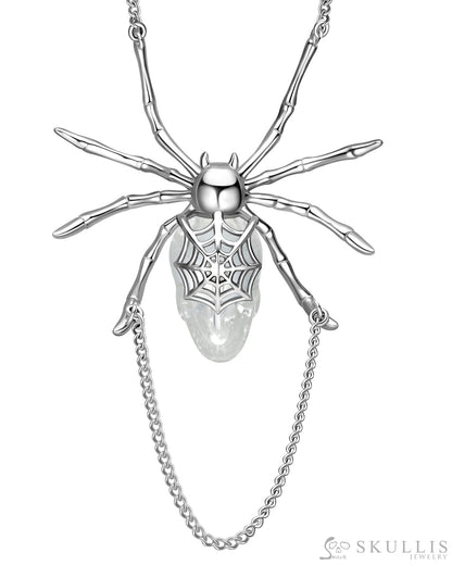 Gem Skull Pendant Necklace of Quartz Rock Crystal Carved Skull with 925 Sterling Silver Spider Without chain Skull