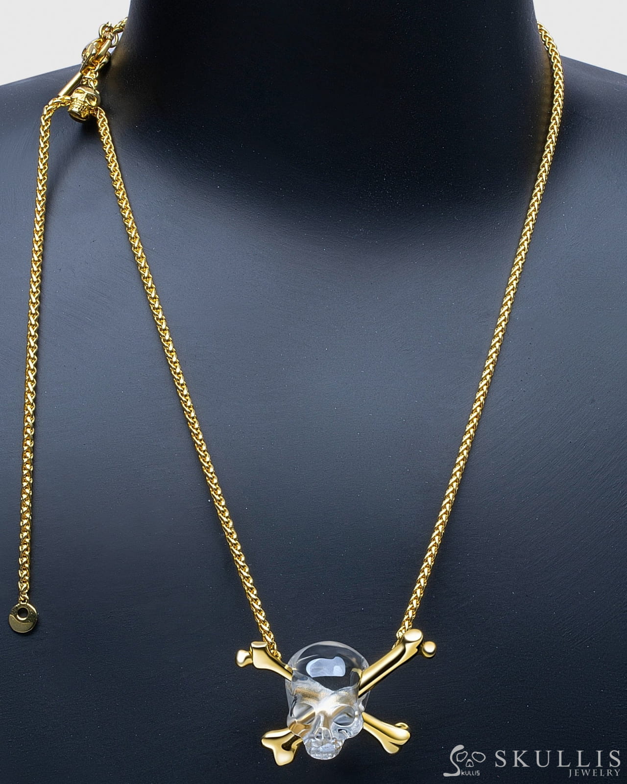 Gem Skull Pendant Necklace of Quartz Rock Crystal Carved Skull with Crossbones in 18K Gold-Plated 925 Sterling Silver