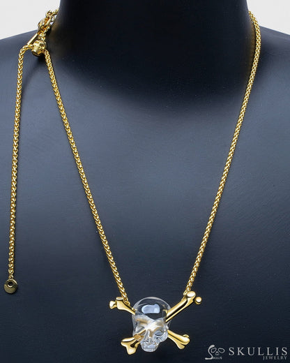Gem Skull Pendant Necklace of Quartz Rock Crystal Carved Skull with Crossbones in 18K Gold-Plated 925 Sterling Silver