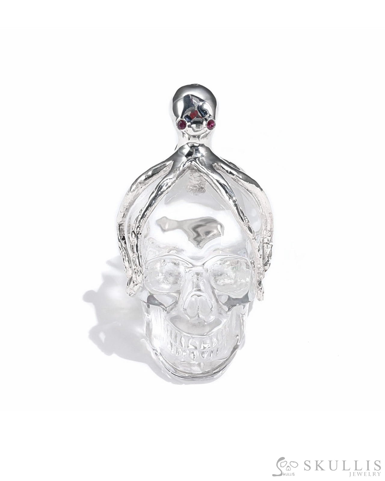 Gem Skull Pendant Necklace Of Amethyst Crystal Carved Skull With Detachable Silver Jaw In